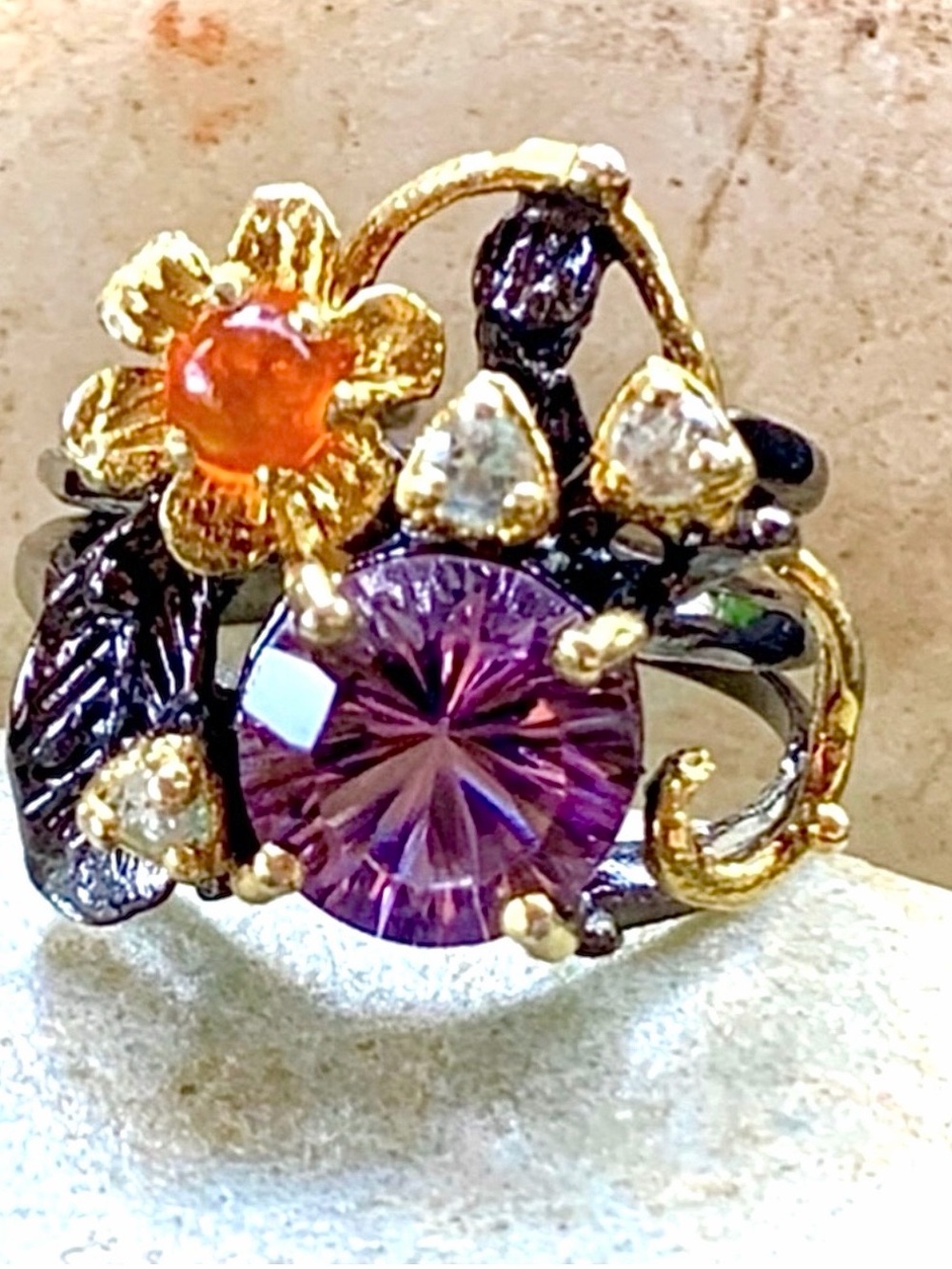 Amethyst & Carnelian Sterling& 14kt Ring